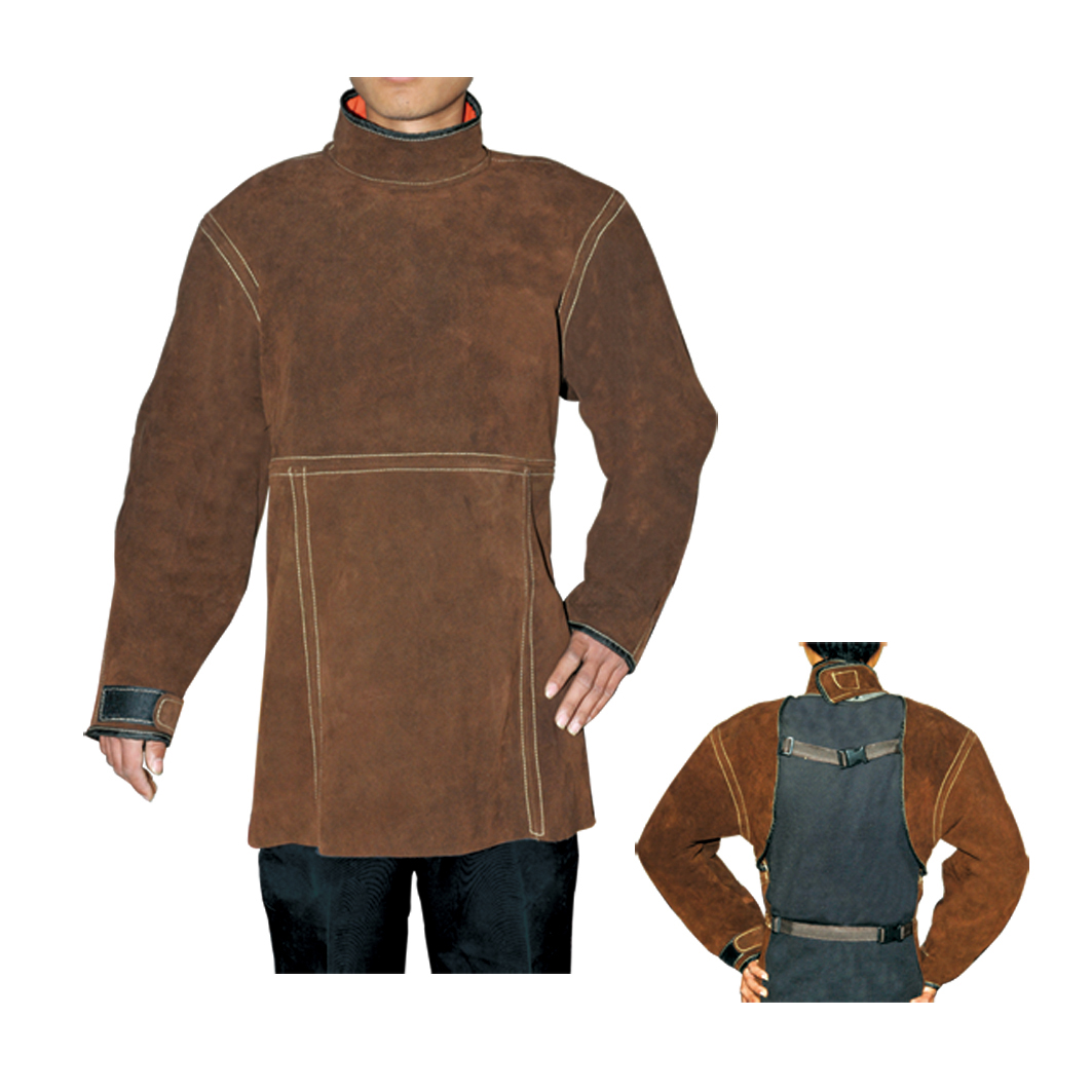 BT-1008 Series, Cowhide Leather Apron with Long Sleeves&Collar,Brown/Welding Clothes